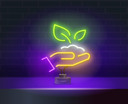 Greening neon light icon. Agriculture glowing sign. Environment protection. Vector isolated illustrationのイラスト素材