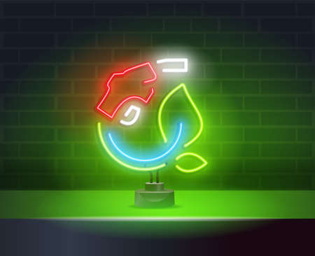 Vector neon sign Eco Energy. Earth Day neon sign, bright signboard, light banner. Happy Earth Day logo, emblem. Vector illustrationのイラスト素材