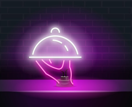 Hand with tray neon sign. Neon icon of restaurant dish. Serving tray on cart in motion on brick wall background. Food delivery concept. Can be used for neon signs, posters, billboards, banners.のイラスト素材