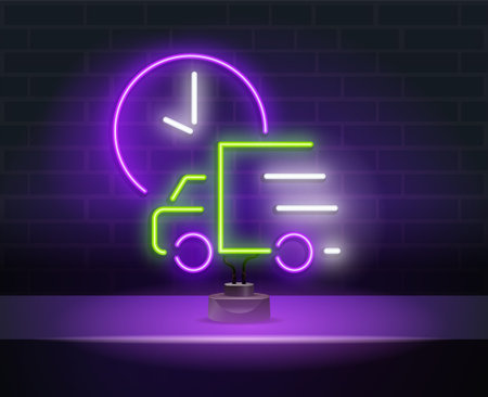neon delivery by truck. Delivery van with checkmark neon light icon. Freight transport. Fast shipping glowing sign. Vector isolated illustrationのイラスト素材