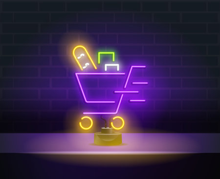Delivery sign in neon style. Purple shopping cart with products. Night bright advertisement. Vector illustration for food delivery and courierのイラスト素材