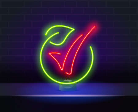 Glowing neon sign of green, eco energy. Glowing neon line Electric saving plug in leaf icon isolated on brick wall background. Save energy electricity. Environmental protection. Bio energy.のイラスト素材