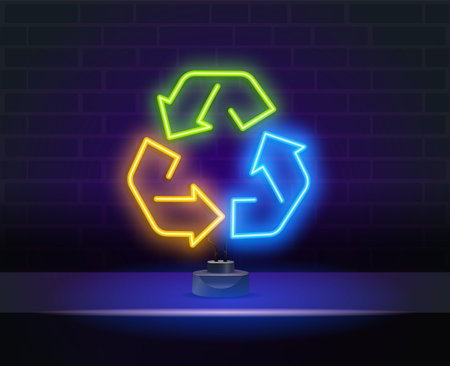 Multicolored neon light recycle symbol sign. Recycle neon light icon. Environment protection. Recycle arrows sign. Vector isolated illustrationのイラスト素材