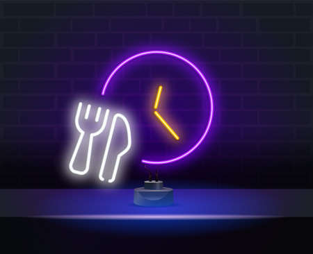Fast delivery line icon. Neon laser lights. Time sign. Neon lights fork spoon and watch. Banner badge with fast delivery icon. Vectorのイラスト素材
