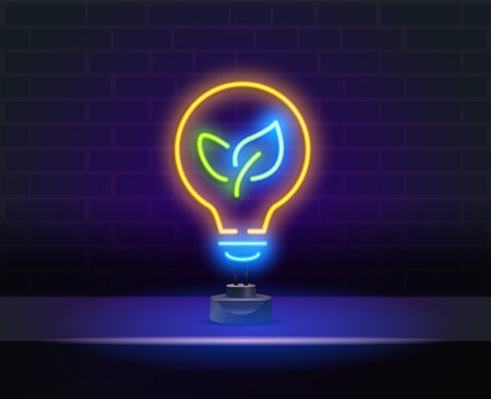 Glowing neon sign of green, eco energy. Glowing neon line Electric saving plug in leaf icon isolated on brick wall background. Save energy electricity. Environmental protection. Bio energy.のイラスト素材