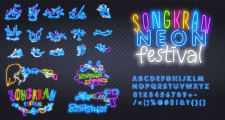 Songkran neon sign, bright signboard, light banner. Songkran logo, emblem and label. Neon sign creator. Neon text edit with easy to change color font alphabet logo for template decorationのイラスト素材
