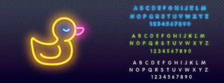Duck rubber ring neon sign. Swimming, water, safety. Inflatable toy concept. Vector illustration in neon style for advertising, toy shop. Baby duck for swimming neon icon. Vector illustrationのイラスト素材