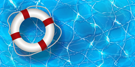 Vector illustration of Life Buoy in water. Water pool summer background with white pool float ring. Colorful vector poster template for summer holiday.のイラスト素材