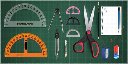 Set of measuring tools: rulers, triangles, protractor. Vector school instruments isolated on green...
