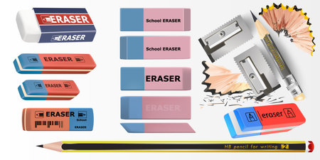 Set of erasers of different color and shape. Flat vector illustration on white background. Blue...