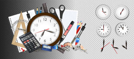 Analog wall clock showing 12 hours each hour. The illustration includes many drawn elements of school supplies and a doodle background of the school theme.のイラスト素材