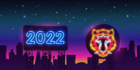 Tiger face neon sign on a billboard in the night city Night bright neon sign, colorful billboard, light banner.のイラスト素材