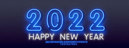 Neon greeting lettering happy new year 2022 on dark festive background with neon alphabet. Eps 10 vector illustrationのイラスト素材
