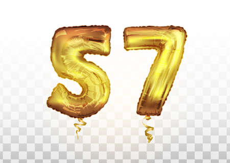 vector Golden foil number 57 fifty seven metallic balloon. Party decoration golden balloons. Anniversary sign for happy holiday, celebration, birthday.のイラスト素材