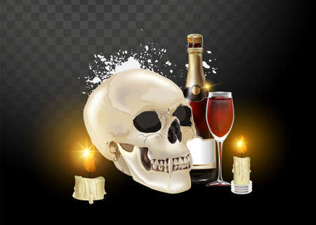 Stock vector illustration realistic human skull isolated on a transparent background. Shades of gray. The head of a corpse.のイラスト素材