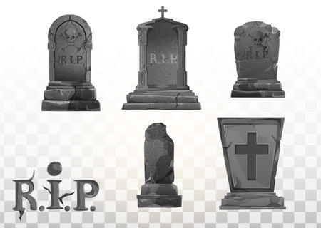 Monument on the grave. Gravestone in the cemetery. Gray monument on the grave of RIP. Vector cartoon...