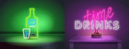 Vector realistic isolated neon sign of Drinks Time lettering for decoration and covering on the wall background. A bottle of tequila and a neon style shot glassのイラスト素材