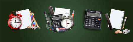 Back to school, composition of the student subjects set vector illustration. 3d realistic rulers,...