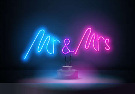 Neon sign Mr and Mrs lettering on dark background vector illustration. Logo design template. Light banner, glowing neon signboard for advertising.のイラスト素材