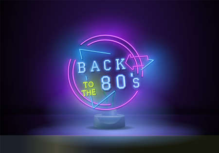 Back to the 80s neon sign vector. 80 s Retro style Design template neon sign, light banner, neon signboard, nightly bright advertising, light inscription. Vector illustrationのイラスト素材