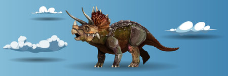 realistic Triceratops Dinosaur Of Jurassic Period, Prehistoric Extinct Giant Reptile Cartoon Realistic Animal. Vector illustration with simple gradients.のイラスト素材