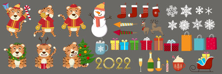 Cute funny 2022 New Year symbol tiger. Vector cartoon kawaii character illustration icon. Happy Chinese new year greeting card 2022 with cute tiger. Animal holidays cartoon character.のイラスト素材
