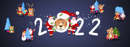 Cute funny 2022 New Year symbol tiger. Happy Chinese new year greeting card 2022 with cute tiger. Animal holidays cartoon character.のイラスト素材