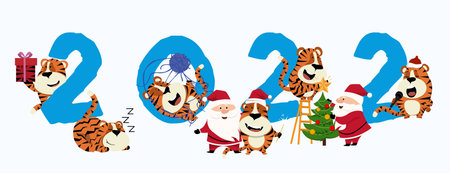 2022 New Years card of three tigers that seem to have fun with the 2022 , tiger. Vector illustration...