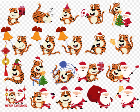 2022 The year of tiger. Tiger in red Santa Claus outift creation set, various Christmas design elements. Vector illustration bundle. Merry Christmas and happy new year.のイラスト素材