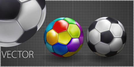 Football championship Design banner. Illustration banner with Realistic soccer ball Isolated on grey background. black and white classic leather football ballのイラスト素材