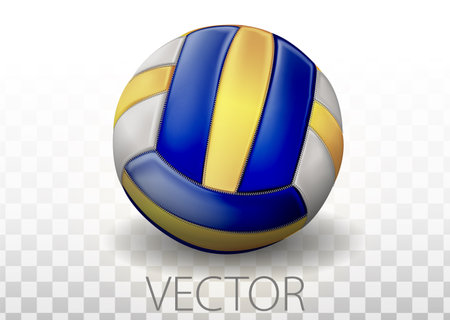 Realistic blue, yellow and white colors volleyball ball isolated on transparent background. Sports equipment for a vector illustration of a team gameのイラスト素材