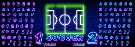 Neon-style football field. Football club neon sign, bright signboard, light banner. Football logo, emblem and label. Neon text editのイラスト素材