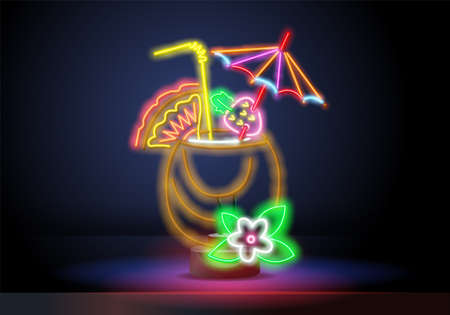 coconut Milk shake, cocktails. Cocktail party or bar design. Night bright neon sign, colorful billboard. Vector illustration in neon style.のイラスト素材