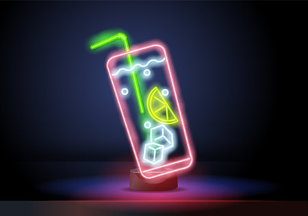 Neon cocktail. Fluorescent isolated vector icon of dark wall background for menu, banner, advertisement. Classic drinks variations.のイラスト素材