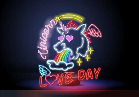 Unicorn neon sign. Glowing neon unicorn on dark blue brick background. Vector realistic isolated neon retro sign of unicorn for decoration and covering on the wall background.のイラスト素材