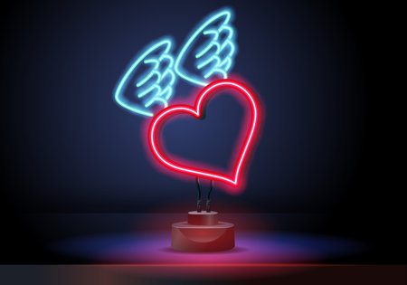 red neon heart with wings. Glowing neon heart with wings on brick wall background. Vector...