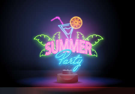 summer party with tropical leaves and cocktails. The neon poster summer party. Advertising travel on vacation to the sea. Vector illustration on black background.のイラスト素材