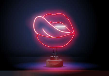 Open mouth with red female lips and tongue. Neon sign, bright signboard, light banner.のイラスト素材