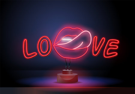 Open mouth with red female lips and tongue. Neon sign LOVE, bright signboard, light banner.のイラスト素材