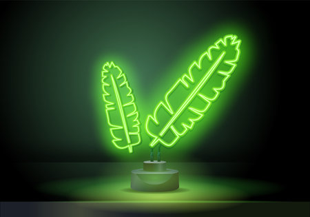 Tropical neon palm leaves. Glowing sign of monstera exotic leaves. vector illustration. Advertising travel on vacation to the sea.のイラスト素材