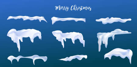 Snow caps, snowballs and snowdrifts set. Snow cap vector collection. Winter decoration element. Snowy elements on winter background. Cartoon template. Illustration.のイラスト素材