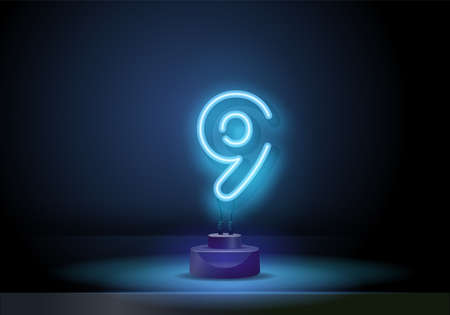 Neon nine number in neon style. Neon blue number 9 on black background. Learning numbers, serial number, price, place. Vector illustrationのイラスト素材
