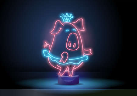 Neon pig in a crown. Pig shape neon sign template. Night bright advertisement. Vector illustration for restaurant, cafe, diner, menu, advertising designのイラスト素材