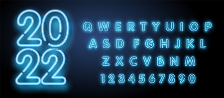 2022 Bright Neon Alphabet Letters, Numbers and Symbols Sign in Vector. Night Show. Night Club.のイラスト素材