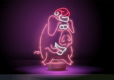 A neon pig in a Santa Claus hat. Pig shape neon sign template. Night bright advertisement. Vector illustration for restaurant, cafe, diner, menu, advertising designのイラスト素材