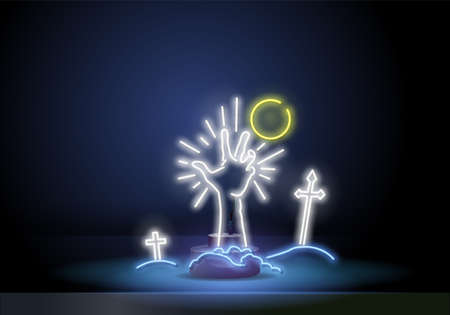 Glowing neon sign of halloween banner design with bony hand from grave. Zombie hand with claws, purple neon sign. Bright halloween night scary sign neon style. Vector illustration.のイラスト素材