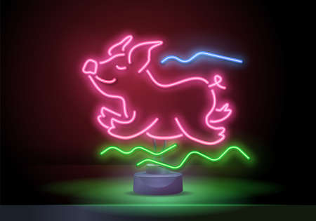 Pig shape neon sign template. Night bright advertisement. Vector illustration for restaurant, cafe, diner, menu, advertising designのイラスト素材