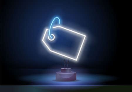 Neon discount icon. Glowing neon discount tag. Glowing neon tag with against dark brick wall background. Shopping discount advertising banner, vector illustrationのイラスト素材