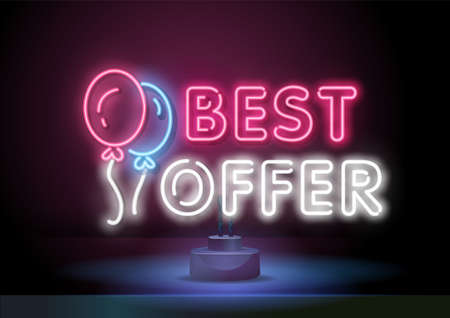 Vector promo badge Best Offer with balloons in Neon style. BEST OFFER neon text. Bright, contrasting background, poster. Neon light controlのイラスト素材