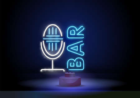 Karaoke bar neon sign. Neon sign, bright signboard, light banner. Microphone neon. Template for karaoke, live music, stand up, comedy showのイラスト素材